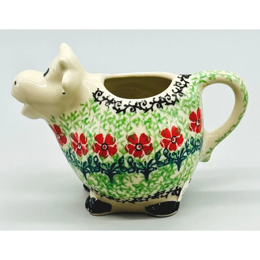 Ceramika Artystyczna Cow Creamer Red Flower Floral Polish Pottery